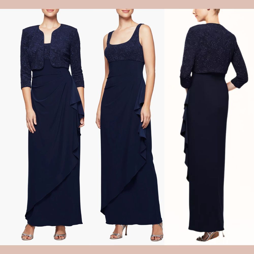 NWT Alex Evenings [ 18 ] Draped Column Gown with‎ Bolero Jacket Navy Blue #Q1131